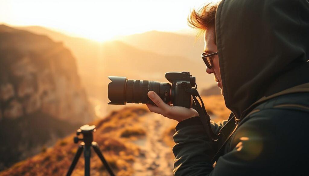 A solo traveler capturing a breathtaking landscape through the lens of a high-quality DSLR camera. The scene is bathed in warm, golden hour light, casting a dreamy glow over the rugged cliffs and rolling hills in the distance. The photographer, dressed in practical hiking gear, is carefully framing the shot, their face obscured but their body language conveying a sense of focused determination. In the foreground, a sturdy tripod provides a stable foundation, while the middle ground features a winding path leading the viewer's eye towards the stunning vista beyond. The background is filled with a sense of adventure and exploration, hinting at the promise of more incredible sights to discover on this solo journey.