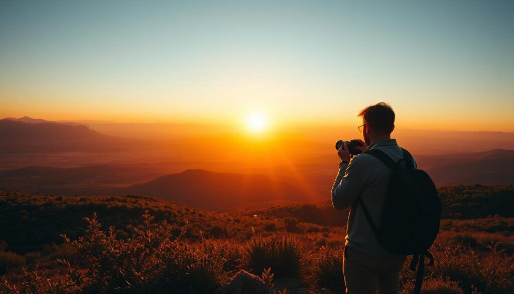 A stunning vista of a vast, golden-hued landscape unfolds, bathed in the warm embrace of the setting sun. In the foreground, a lone traveler stands silhouetted against the horizon, camera in hand, capturing the breathtaking moment. The middle ground is alive with vibrant colors, as the sun's rays dance across rolling hills and lush vegetation. In the distance, majestic mountains reach towards the sky, their peaks glowing with an ethereal radiance. The composition is framed by a cinematic, wide-angle lens, emphasizing the grandeur and scale of the scene. The overall mood is one of tranquility and wonder, inviting the viewer to step into the frame and experience the magic of golden hour travel photography.