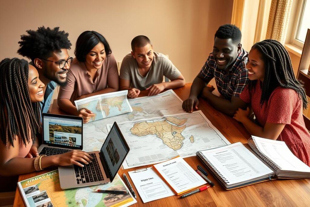 Family planning a budget-friendly African safari adventure with maps and guidebooks Family planning a budget-friendly African safari adventure with maps and guidebooks