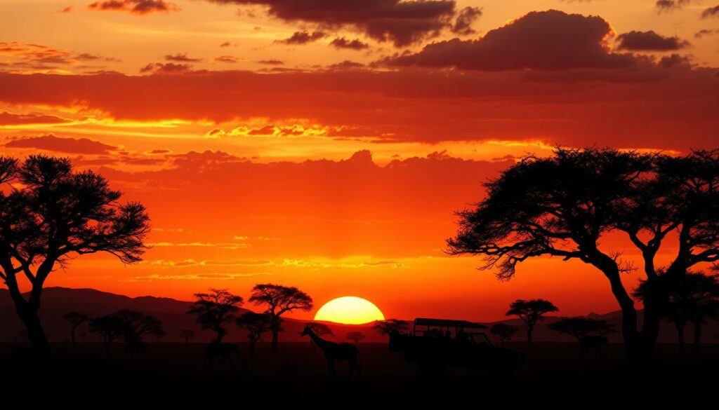 Sunset over the African savanna with silhouettes of wildlife and safari vehicle Sunset over the African savanna with silhouettes of wildlife and safari vehicle