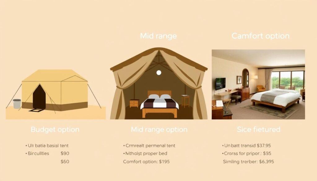 Visual comparison of budget, mid-range, and comfort safari options in Africa Visual comparison of budget, mid-range, and comfort safari options in Africa