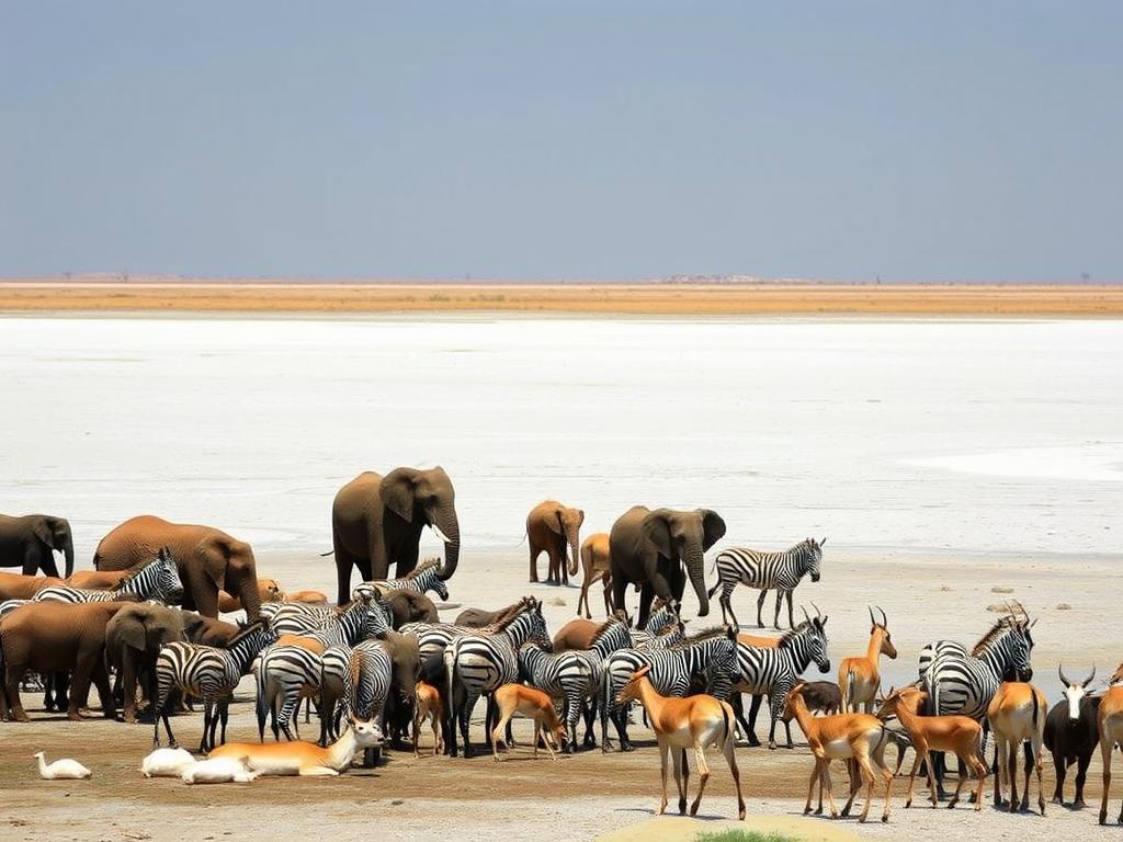 Wildlife at waterhole in Etosha National Park for a budget-friendly safari Wildlife at waterhole in Etosha National Park for a budget-friendly safari