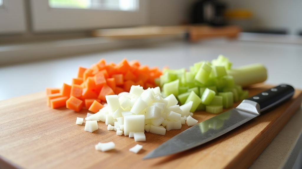 A sharp chef's knife beside chopped onions, carrots, and celery on a clean wooden cutting board. Bright, uncluttered kitchen counter background.