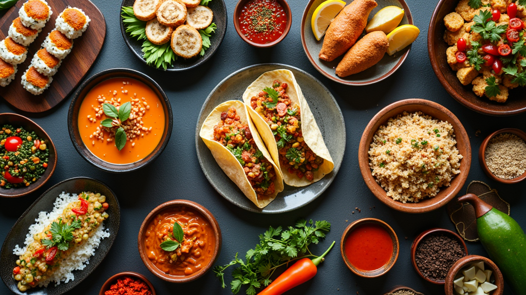 A vibrant table filled with international dishes such as sushi, tacos, curries, and African stews. Various spices and utensils are scattered around to create a travel-inspired culinary scene.