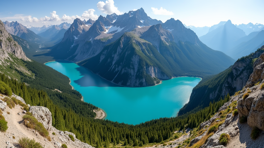 Mountain range with a turquoise lake and forest, adventure landscape