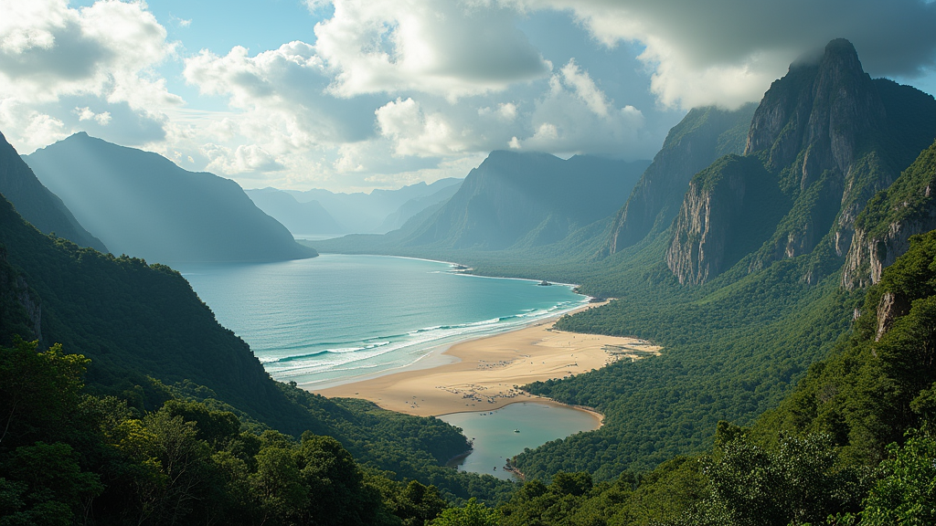 Panoramic view of iconic adventure landscape featuring mountains, desert, ocean, and rainforest.